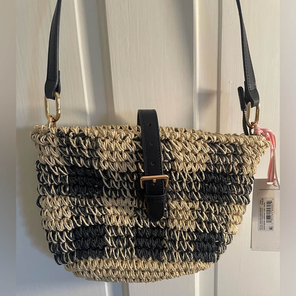 Vineyard Vines 🐳 Navy Checkered Straw Crossbody or Clutch Bag - Picture 11 of 11